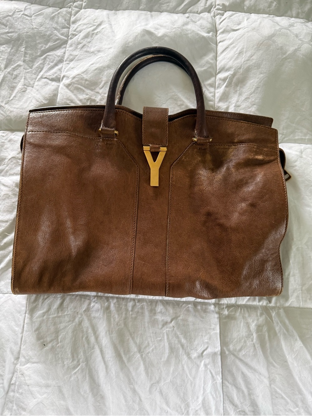 Yves Saint Laurent Brown Cabas CHYC Leather Tote with Gold Y Hardware